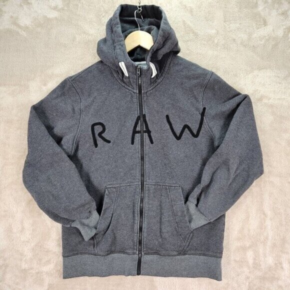 G-Star Raw Hoodie Big Logo Spellout Gray Full Zip Long Sleeve Sweatshirt Men's M - Picture 1 of 10